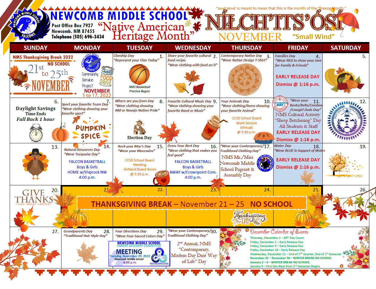Newcomb Middle School, November Calendar
