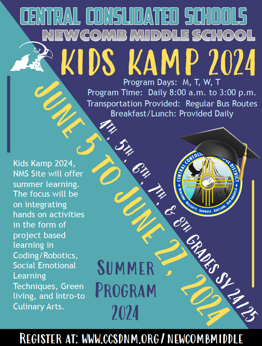 CCSD Summer Program Flyer, Grades 4 - 8, June 5 - June 27, 2024, Monday - Thursdays, 8:00 a.m. to 3:00 p.m. , Newcomb Middle School Site, Registration NMS Website