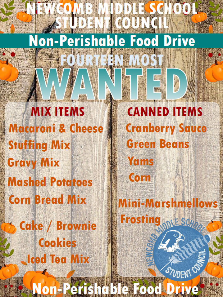 Newcomb Middle School Student Council, Non-Perishable Food Drive, Fourteen Most Wanted Items