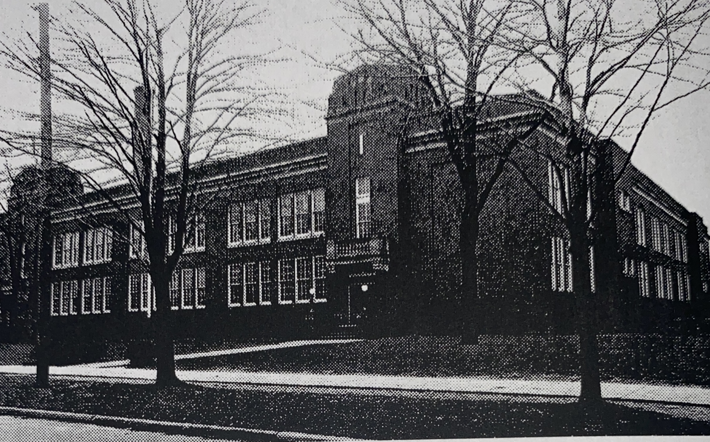 hawthorne school building in black and white