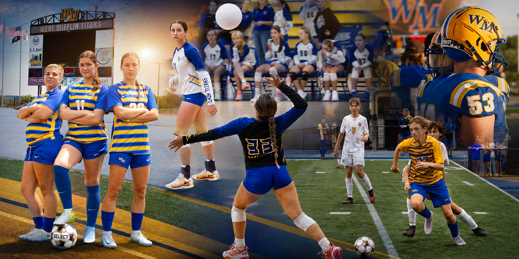 Collage of various students playing sports, soccer, volleyball, and football