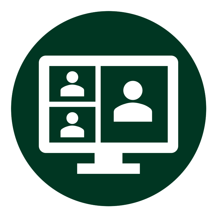 A green circle with a white computer and virtual meeting.