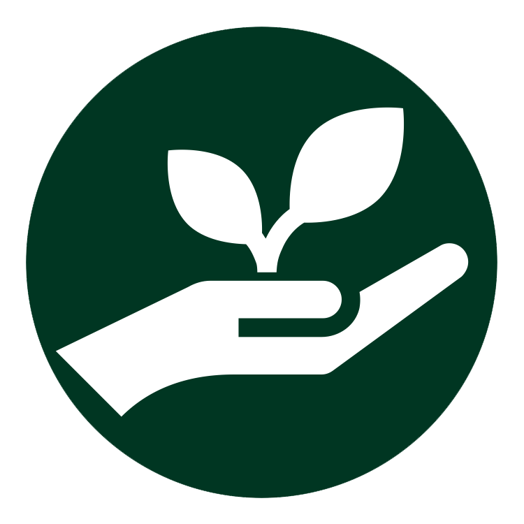 A green circle with a white hand and seedling.