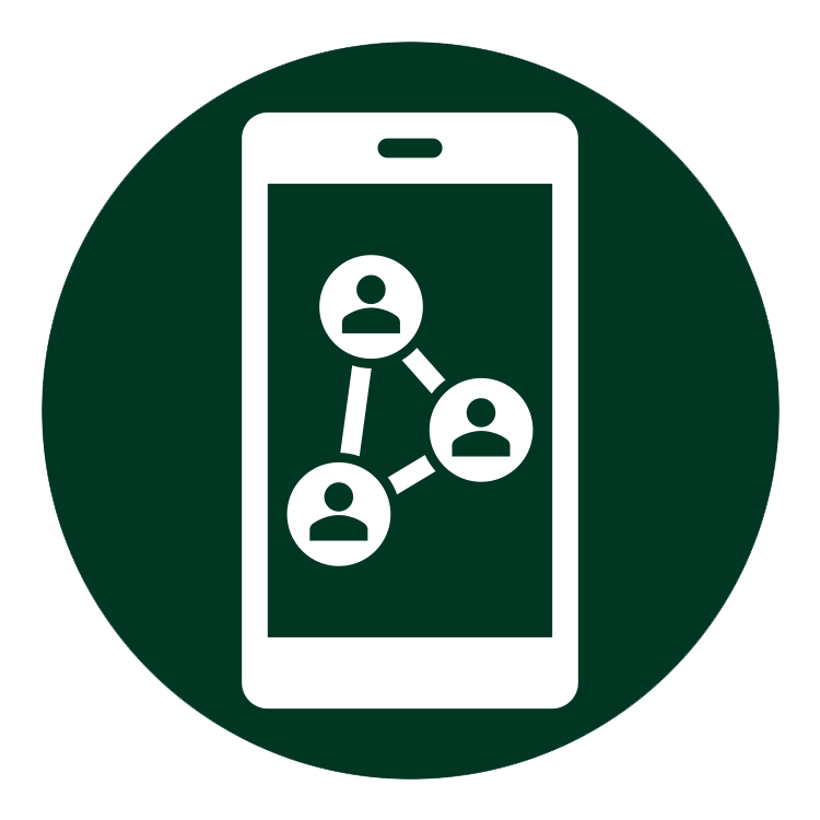 A green circle with a white smartphone and connected people circles.