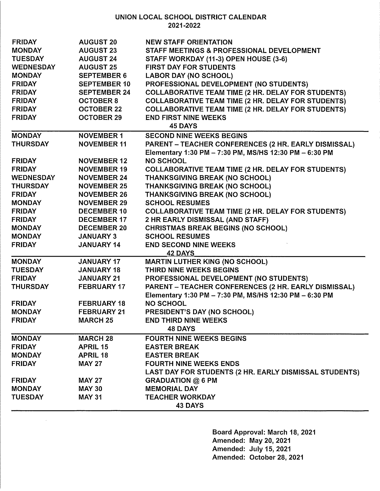 Updated District Calendar