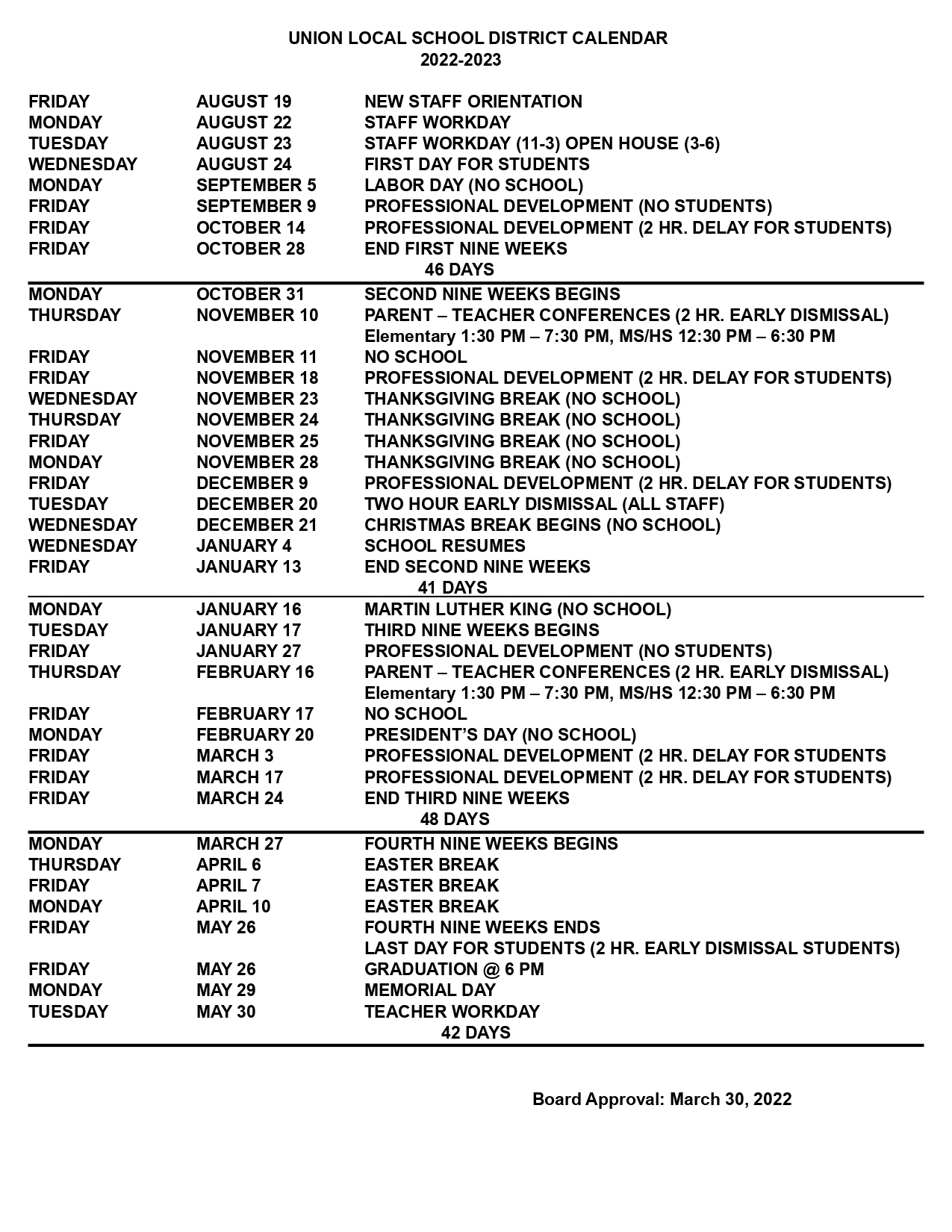 Union Local School District Calendar 2023 and 2024 - PublicHolidays.com