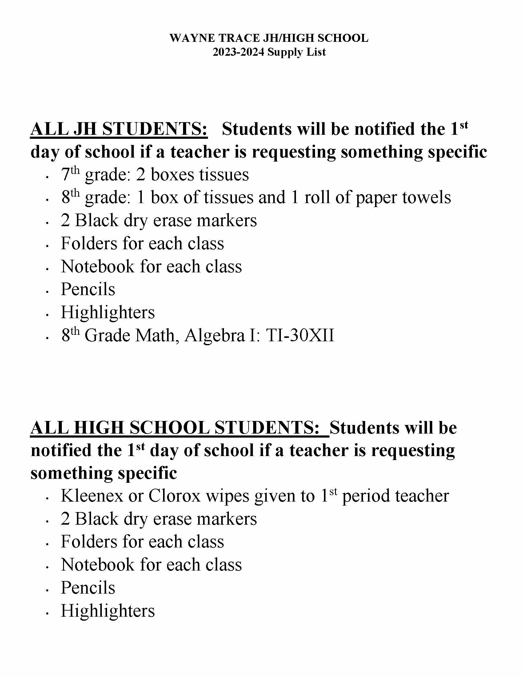 High School Supply List - High School