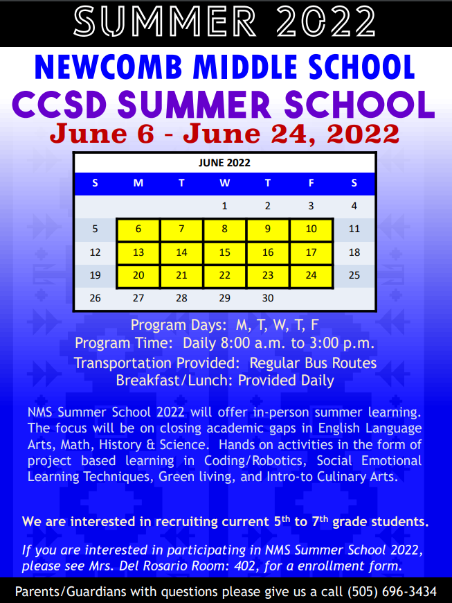 Summer 2022 - Newcomb Middle School Summer School Flyer