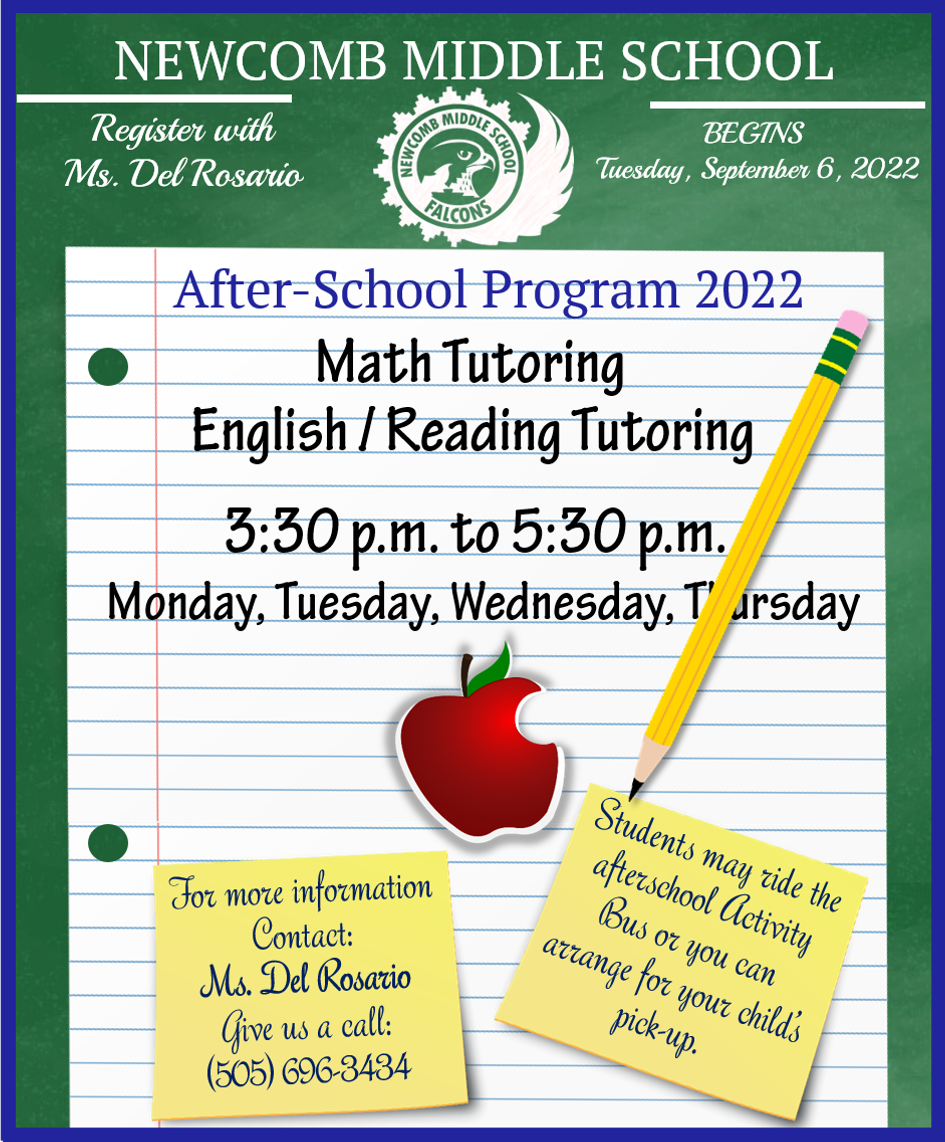 Newcomb Middle School - After School Program 2022 - Math Tutoring, English/Reading Tutoring
