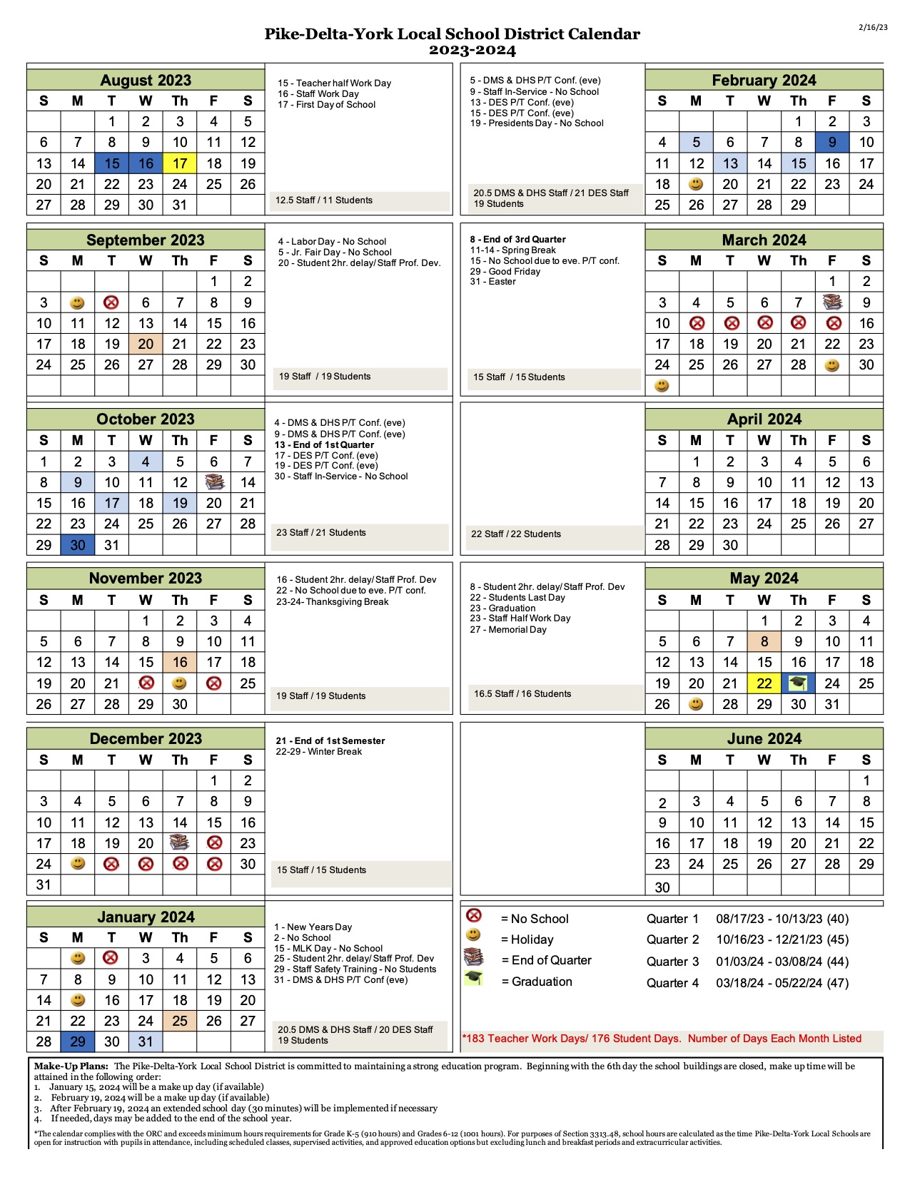 Pike-Delta-York Local School District Calendar 2023 and 2024