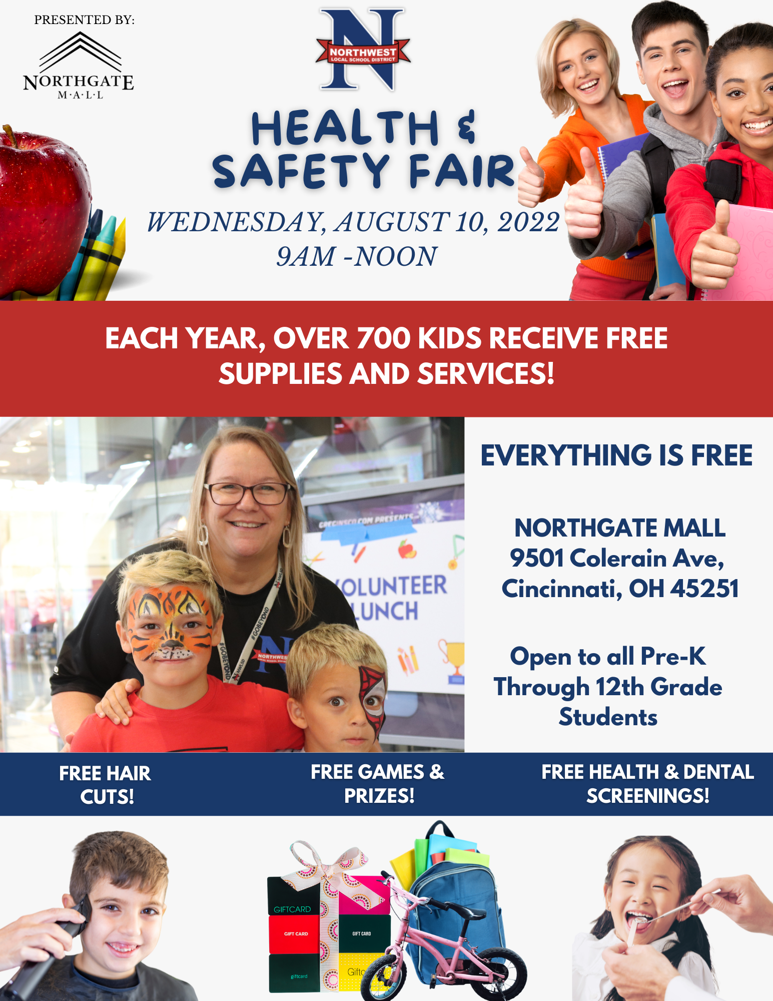 SAVE THE DATE! On August 10, 2022 from 9 am-12 pm, NWLSD will once again be hosting its Annual Back To School Health and Safety Fair at Northgate Mall