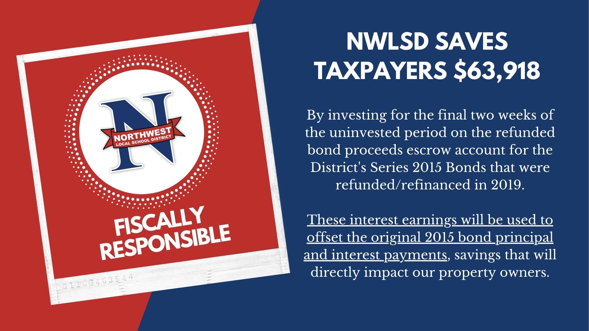 NWLSD SAVES TAXPAYERS $63,918      By investing for the final two weeks of the uninvested period on the refunded bond proceeds escrow account for the District's Series 2015 Bonds that were refunded/refinanced in 2019.       These interest earnings will be used to offset the original 2015 bond principal and interest payments, savings that will directly impact our property owners.