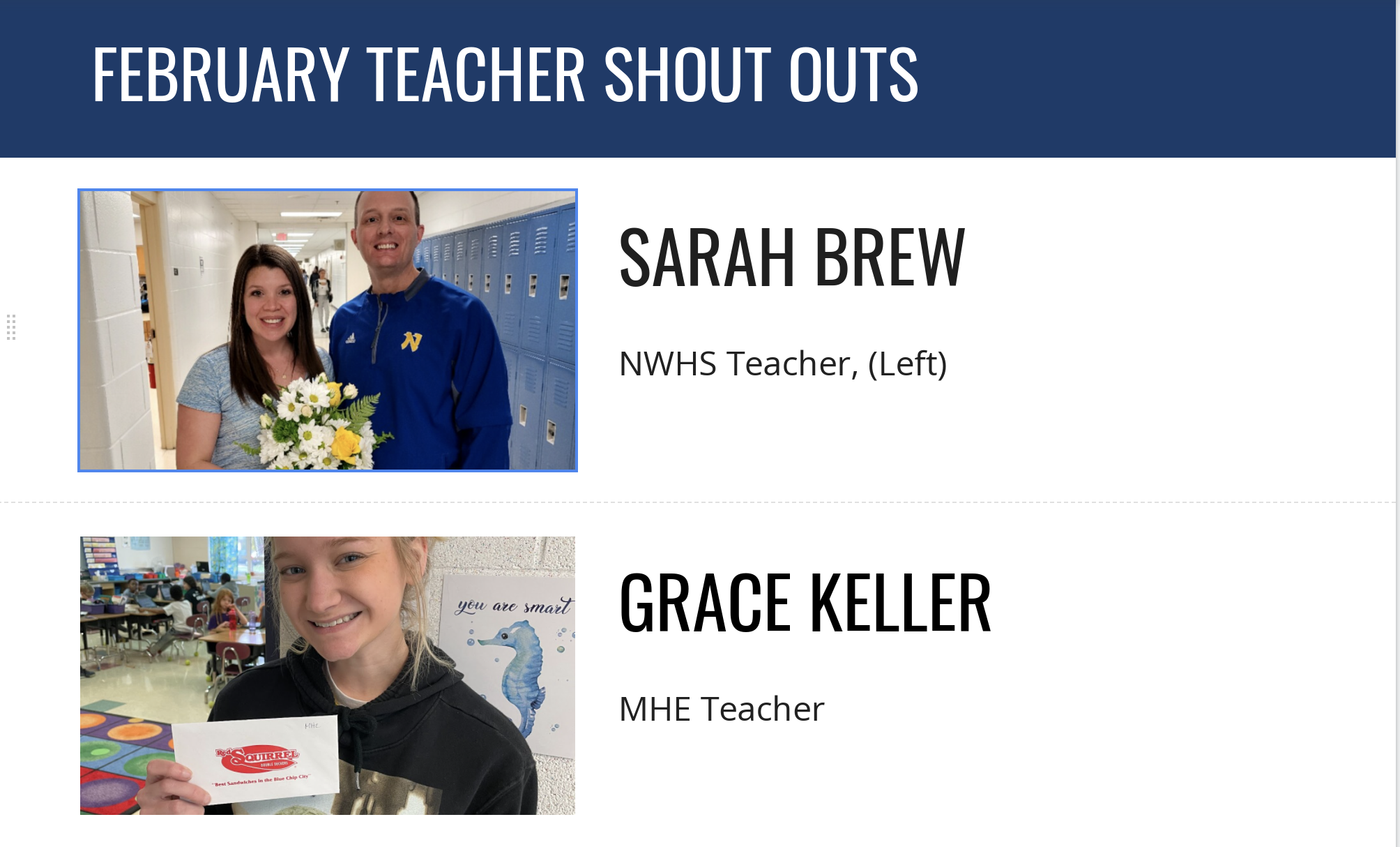 February Teacher Shout Outs, Sarah Brew, NWHS Teacher, (left); Grace Keller, MHE Teacher