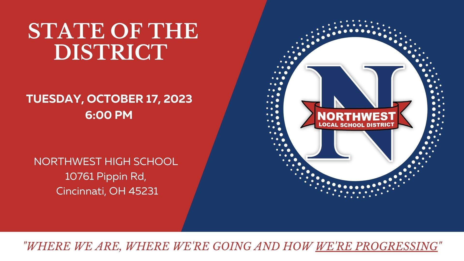State of the District, Northwest Local School District, Tuesday, October 17, 2023 6:00 PM     Northwest High School 10761 Pippin Rd Cincinnati, OH 45231 "Where we are, where we're going and how we're progressing"