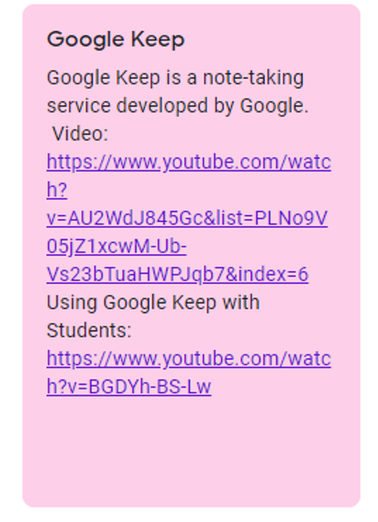 Google Keep note showing saved links