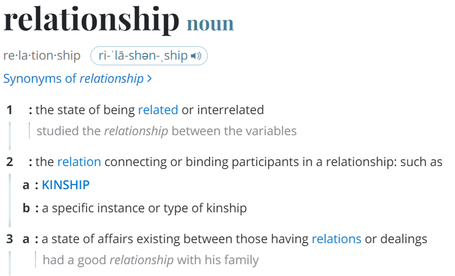 Dictionary definition of the word "relationship"