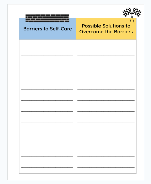 Dual column barriers to self-care worksheet
