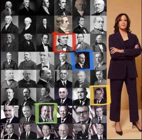 Pictures of all the former Vice Presidents of the United States next to Kamala Harris. Colored boxes around four previous Vice Presidents indicate when a race or gender barrier was broken in America.
