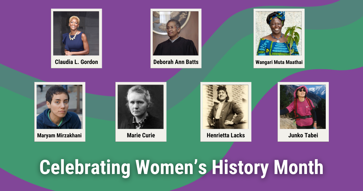 Purple and green banner displaying the photographs of the notable women discussed in the blog post. Banner displays title of the blog"Celebrating Women's History Month".