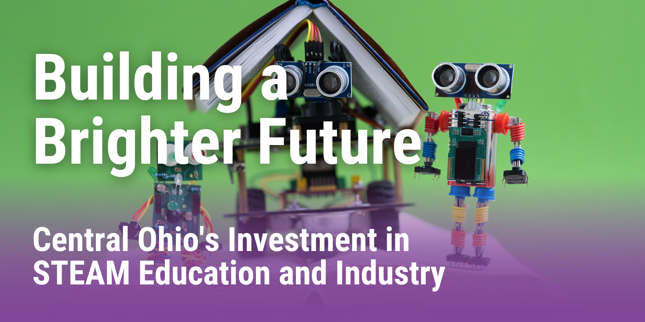 Green and purple banner with imagery of books and robots. Displays blog title "Building a Brighter Future- Central Ohio’s Investment in STEAM Education and Industry".
