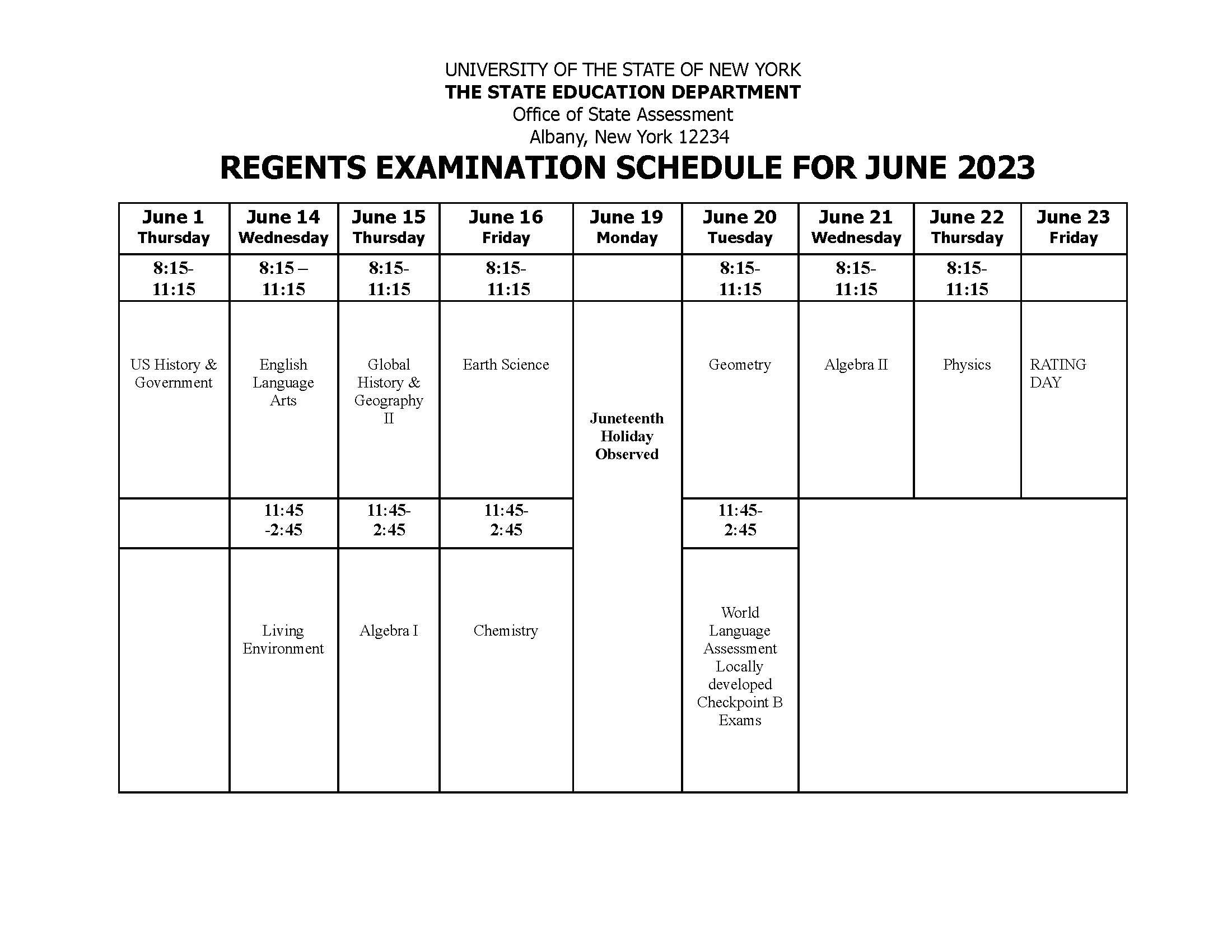 June Regents Exam Schedule 2024 Pdf Cari Rosanna