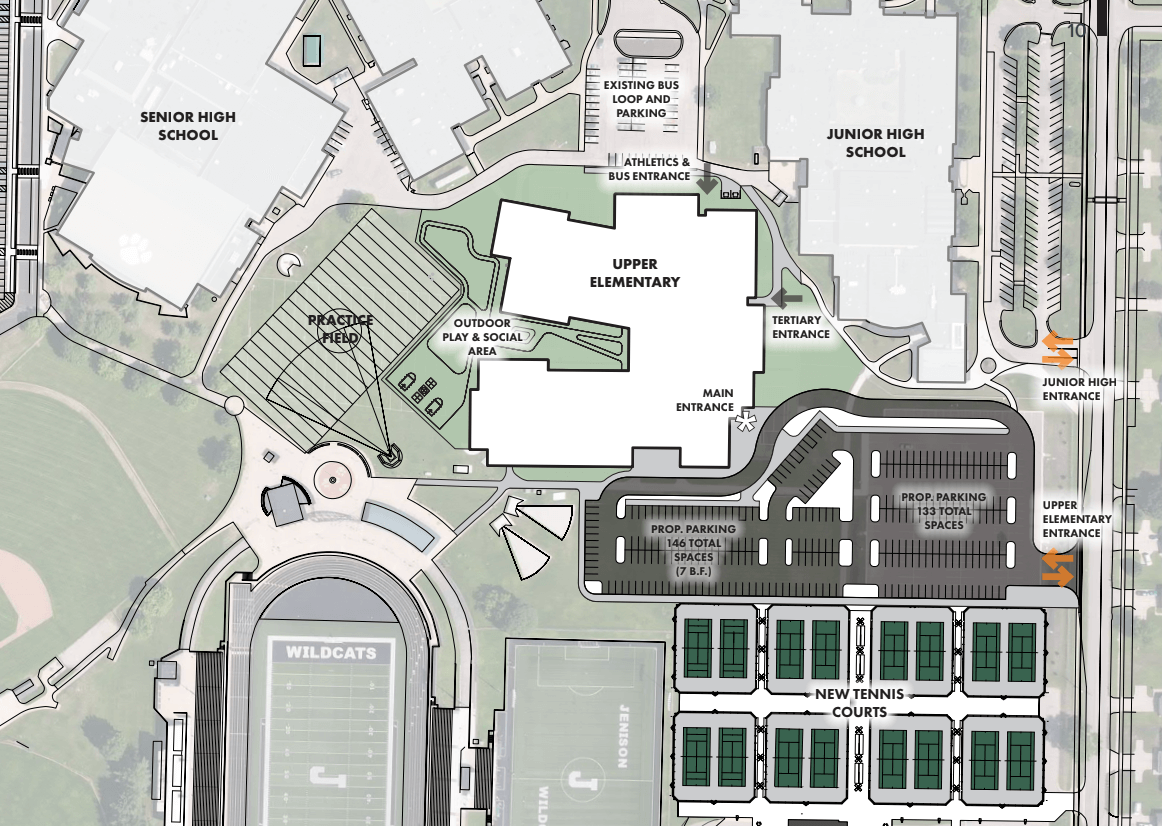 Rendering of the new layout of Central Campus, focused on the new tennis courts