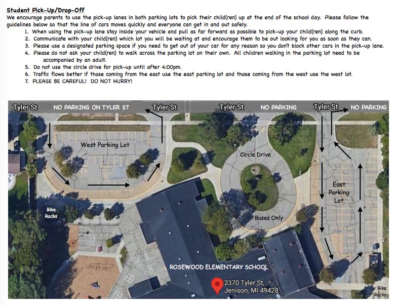 Aerial view of Rosewood campus with pick-up/drop-off instructions