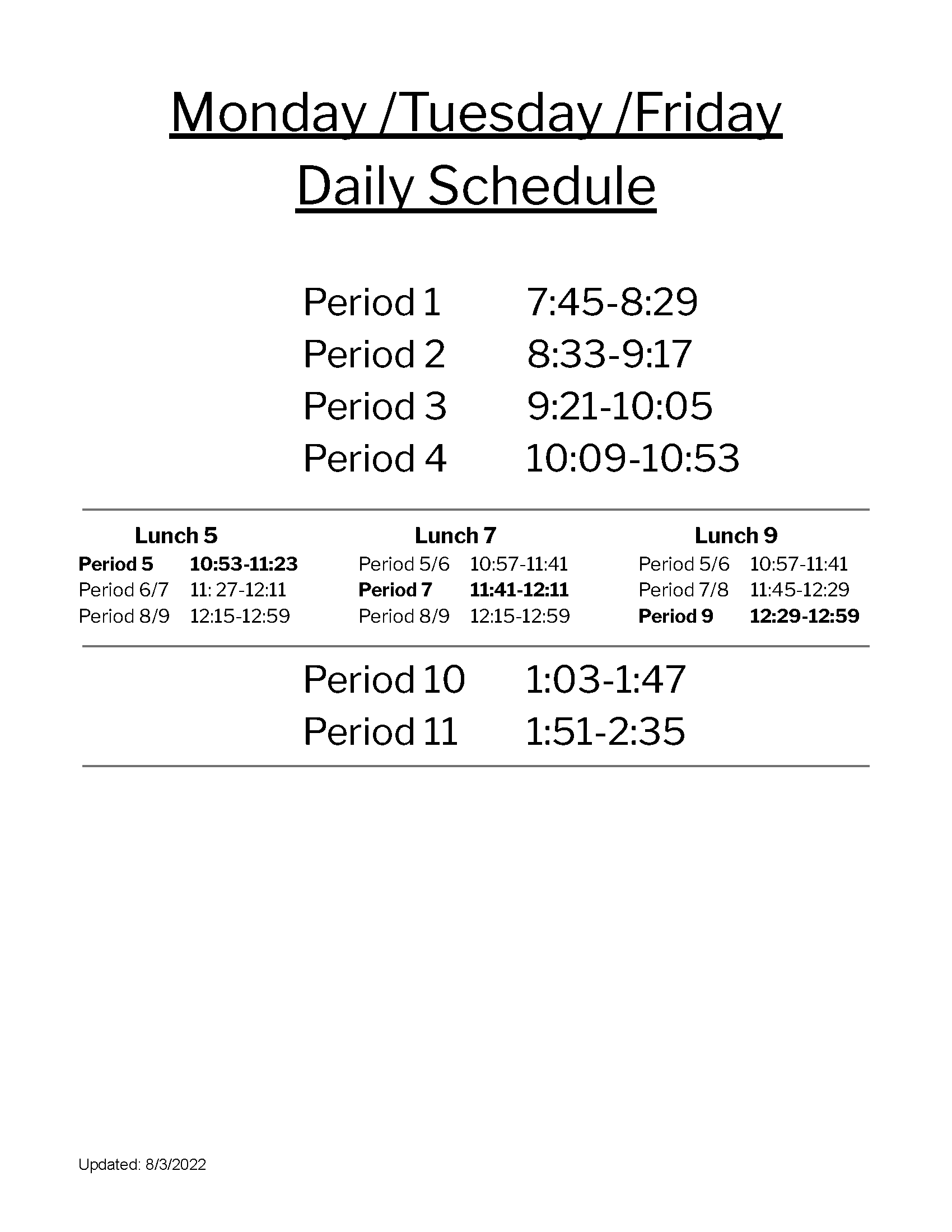 Monday/Tuesday/Friday Schedule