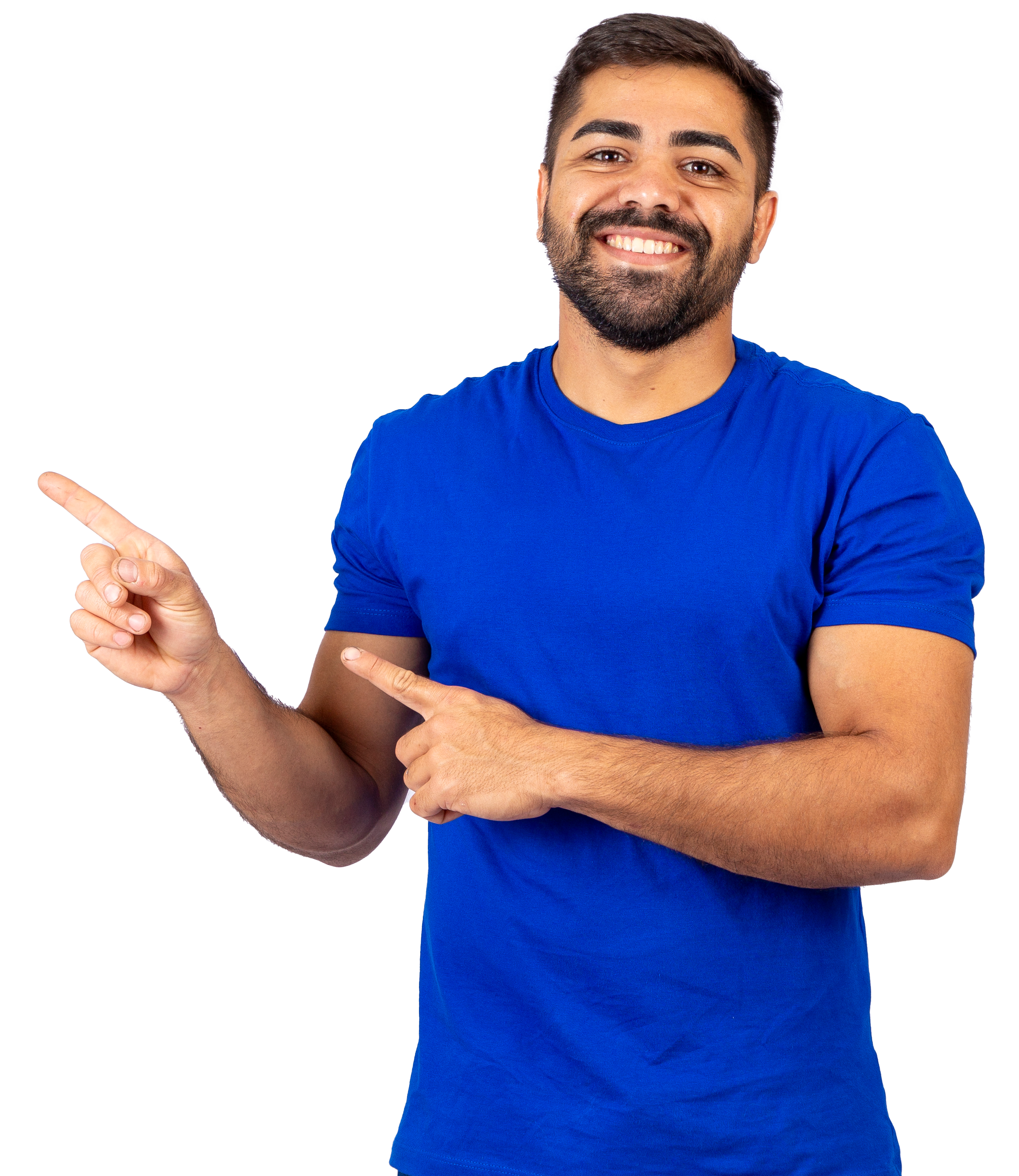 man in blue shirt pointing at text