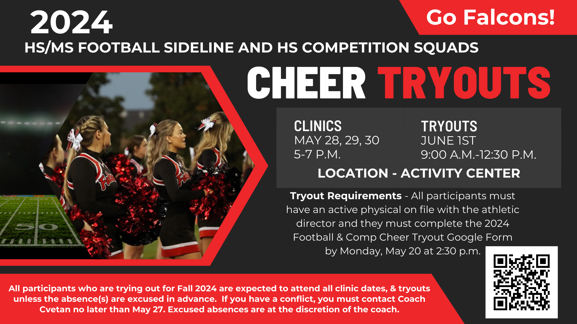 Football Cheer Tryouts May 28, 29 30 are clinics, June 1st are tryouts