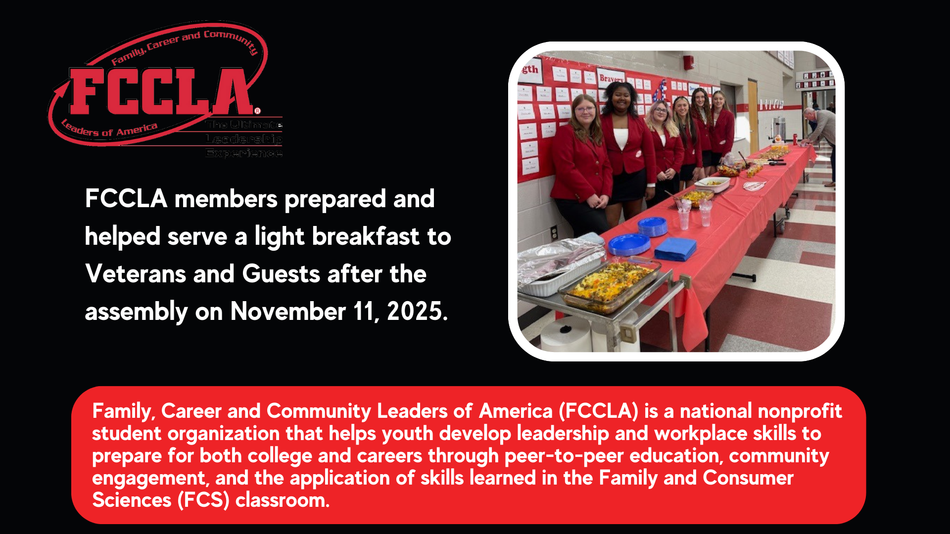 FCCLA Serving a light breakfast for the veterans day activitites 2024.