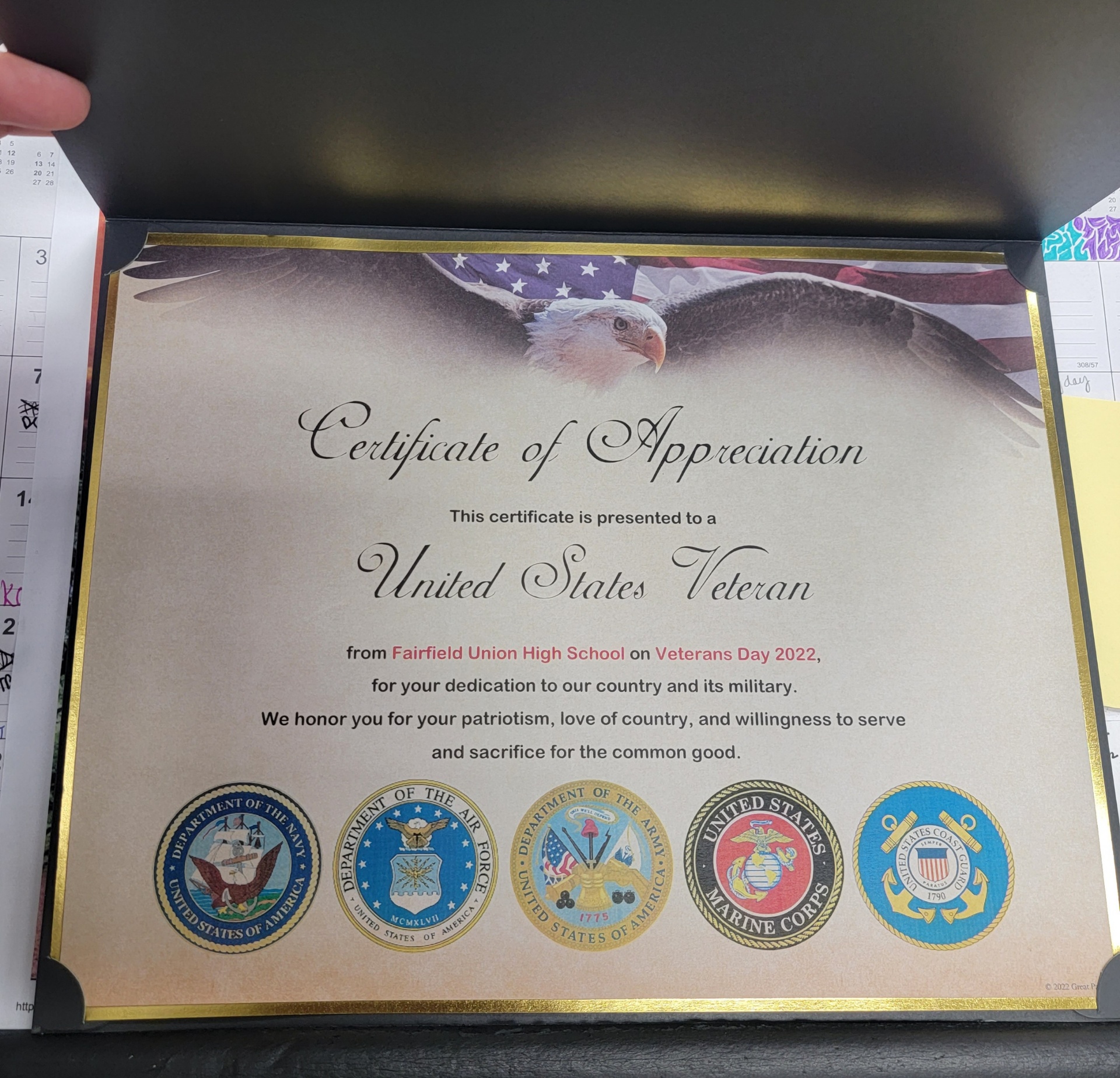 A photo of the certificate of appreciate each veteran received.