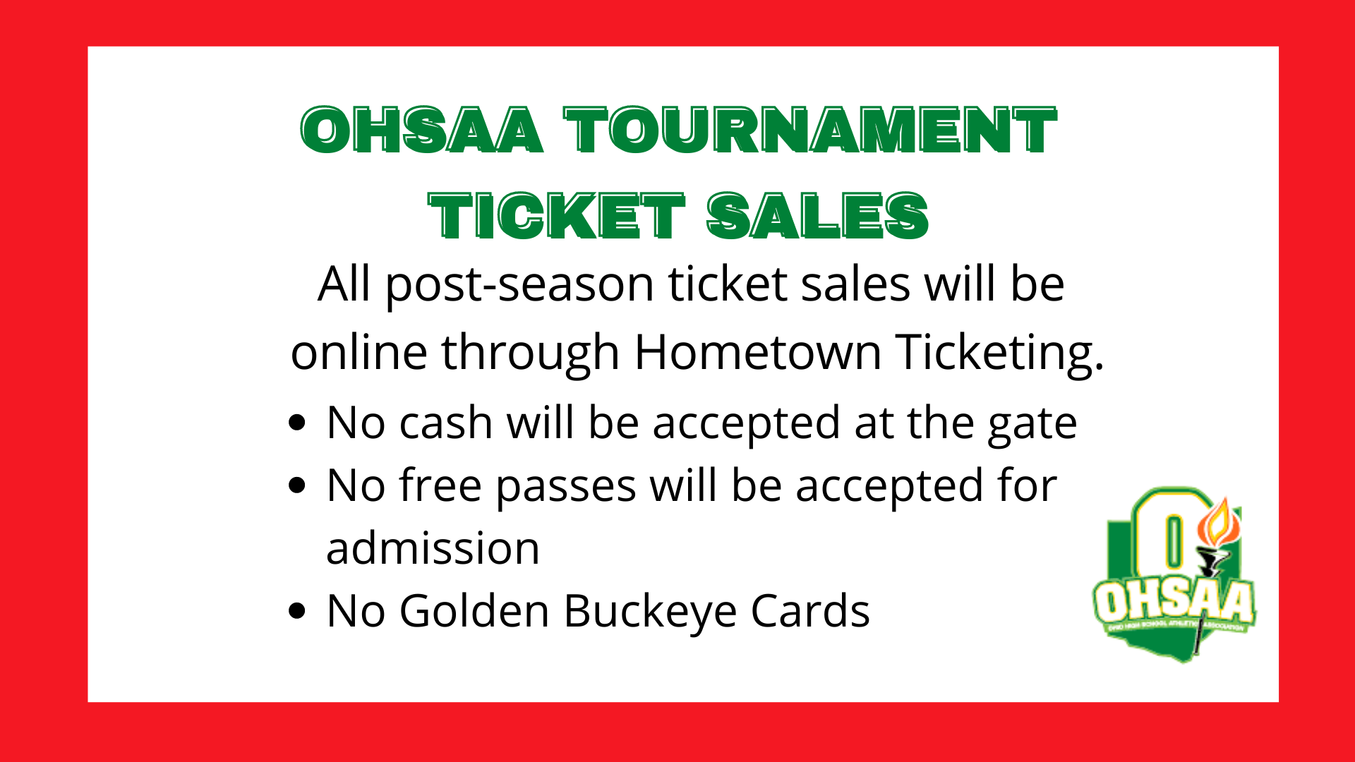 OHSAA Tournament Ticket Sales, No discounts, all sales online