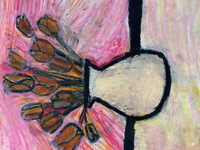 Oil pastel painting of roses and a vase