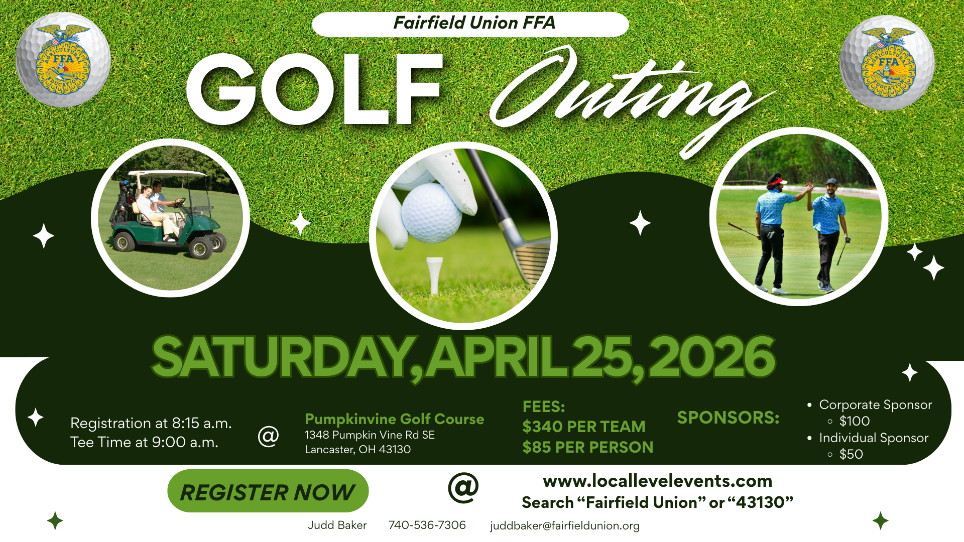 April 25, 2026 - FFA Golf Outing @ Pumpkinvine Golf Course register at locallevelevents.com