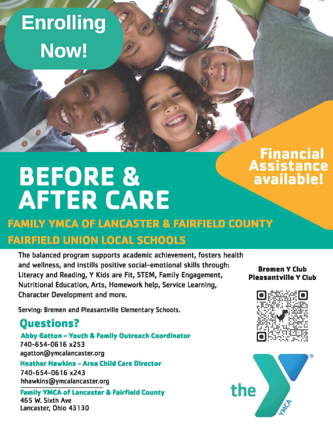 Before and After School Care program sponsored by the YMCA - scan the QR code for info