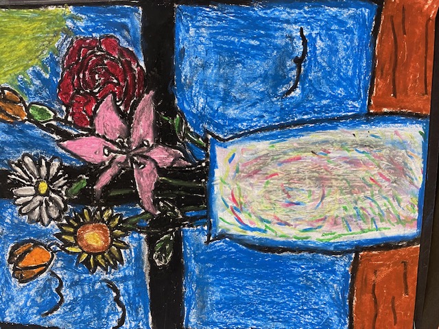 Oil Pastel painting of flowers with a white vase and a blue scene through a window.