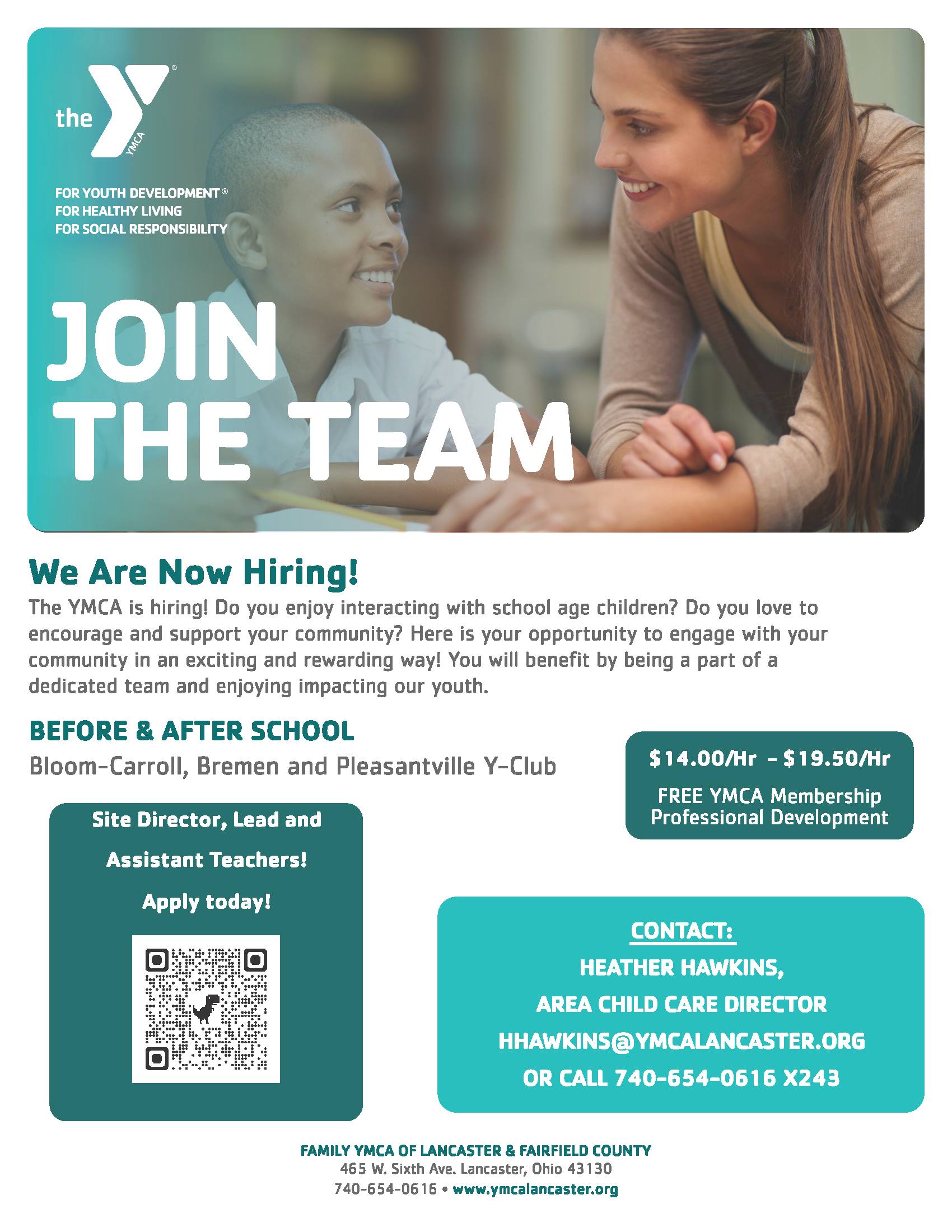 YMCA is hiring for their Before and After School Programs.  Scan QR code for info