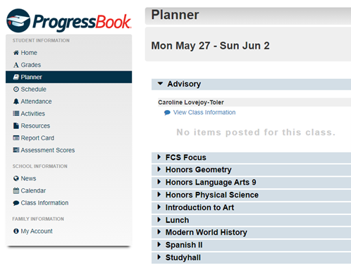 ProgressBook dashboard, click the assessment scores link on the left