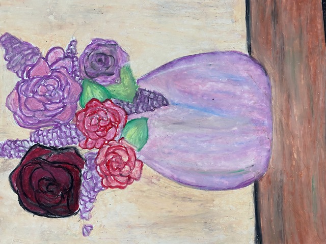 Purple flowers in a vase using oil pastels.