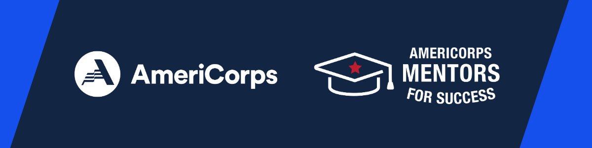 Banner art with a blue background and the AmeriCorps and Mentors for Success logos in white