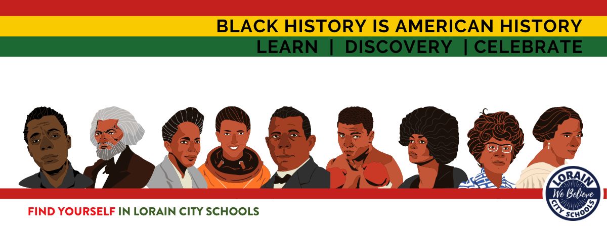 February is Black History Month. red, green, and gold image with notable black Americans photos