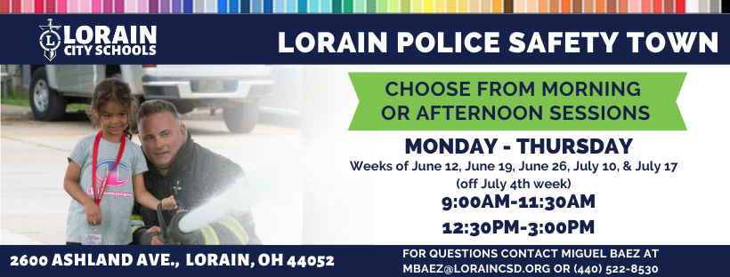 Lorain Police Safety Town banner with fire fighter and kid