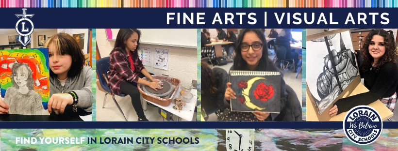 fine arts visual arts banner with four photos of students showcasing art work