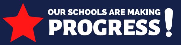 Words "Our schools are making progress" on a Navy blue background with a red star to the left and white exclamation point to the right
