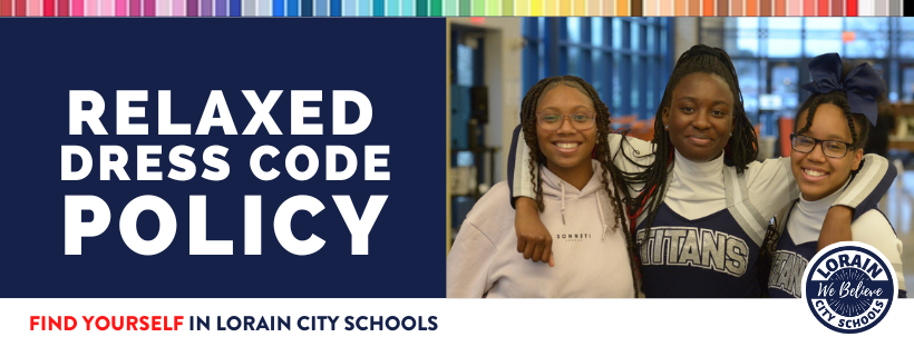 Relaxed dress code policy banner with three smiling students