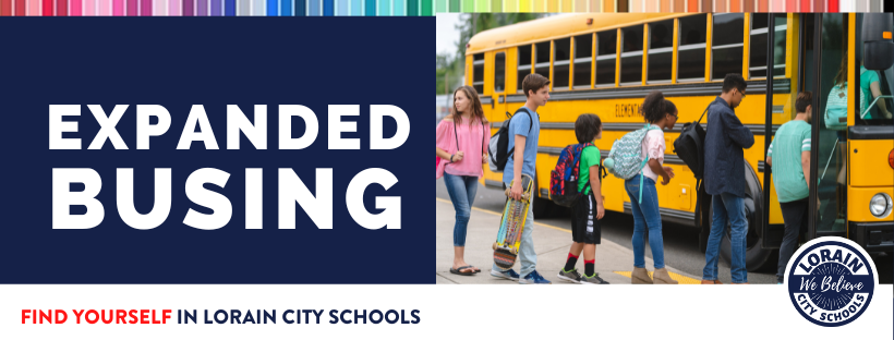 Expanded busing banner with image of kids getting on a school bus