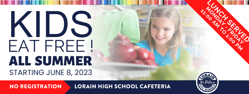 kids eat free all summer starting June 8, 2023 with young girl grabbing an apple in the center. letters are in blue.