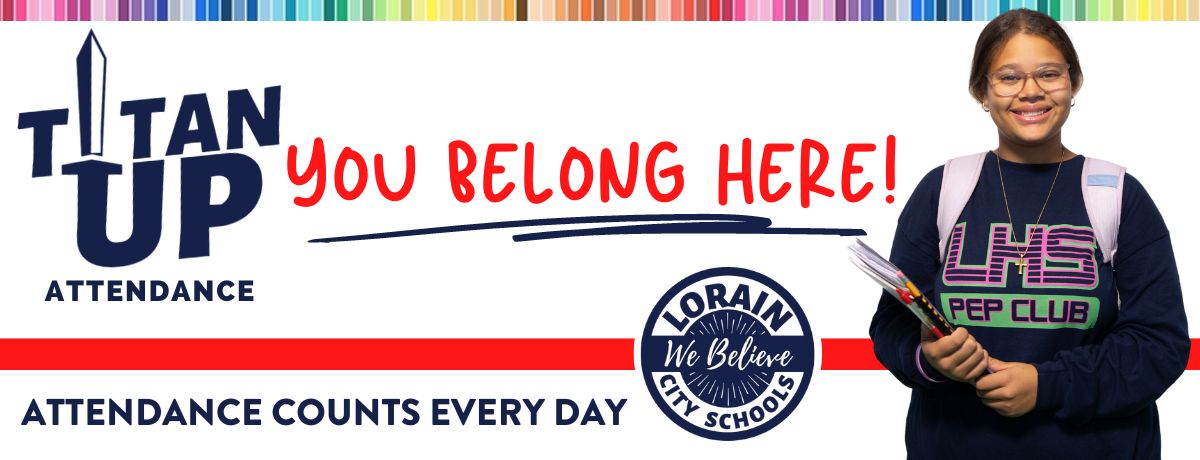 Titan Up Attendance You Belong Here banner with female high school student holding books